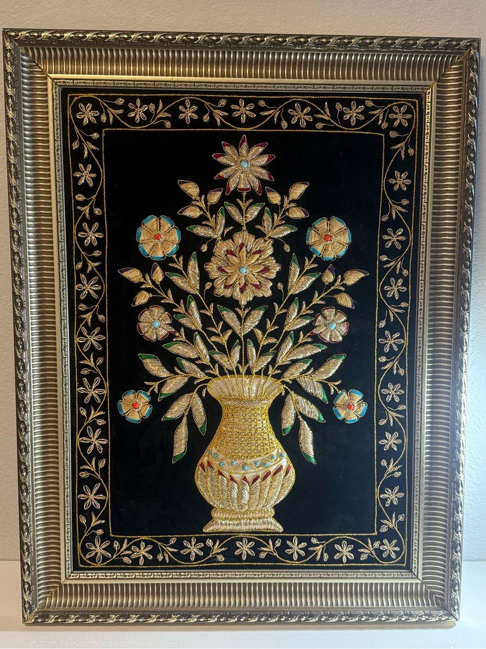 Vintage Embroidered Floral Bouquet Metal Frame Black Velvet Wall Art 27”x20”